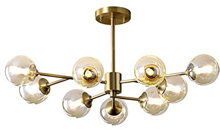 Moderne 15-lumières Laiton Industriel Spoutnik Lustre Unique Irrégulier Or Métal Pendant Light Sphérique Rond Verre Lumière Suspendue Pour Cuisine-Abat-jours en cuivre et cognac 9 têtes