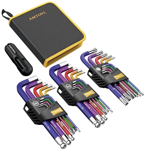 AMTOVL Hex Keys Set, 27PCS Allen Key Set & Star Key Set, Metric Imperial Extra Long Ball End Hex Key Set with Color Coding with T-Handle for Bicycle Repair Household DIY