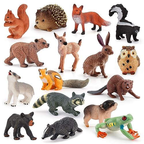 RANJIMA Safari Giocattoli Animali,Figurine di Ppiccoli Animali per Bambini, 16 Pcs Figure di animali della foresta in miniatura del bosco Figurine Topper per torta del bosco per Pasquali Bomboniere
