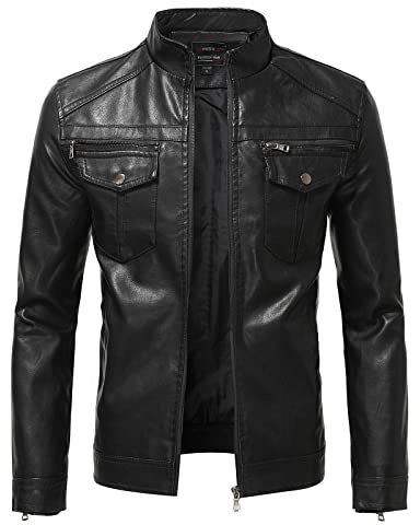 Veste en cuir vintage UnoSheng pour homme - Marron, col montant, coupe ajustée, mi-saison, coupe-vent, avec poche de poitrine, L