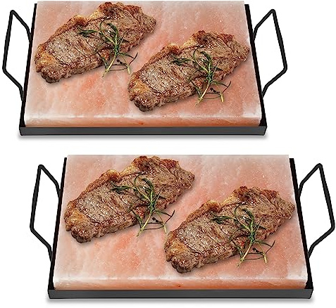 Ansobea 2 set XXL saltsten för grillning, 20 x 30 x 3 cm salt, grillstenar med järnplatta, original kristallsalt från förberedelsen, återanvändbar saltgrillsten, saltplatta för grillning för BBQ