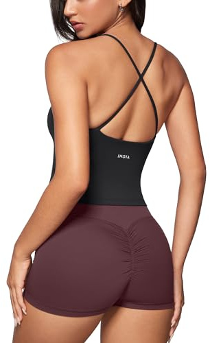 INGIA Womens Low Scoop Neck Tank Tops Built in Bra U Back Workout Tanks Spaghetti Criss Cross Strap Sleeveless Cropped Top Black X-Small