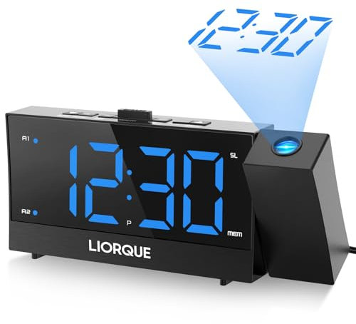 LIORQUE Radio Reveil Projection Plafond, Reveil Projecteur Plafond avec Double Alarme, Radio Réveil avec Grand Écran, Snooze, Réglage de Luminosité Infini, 2 Ports de Chargement USB