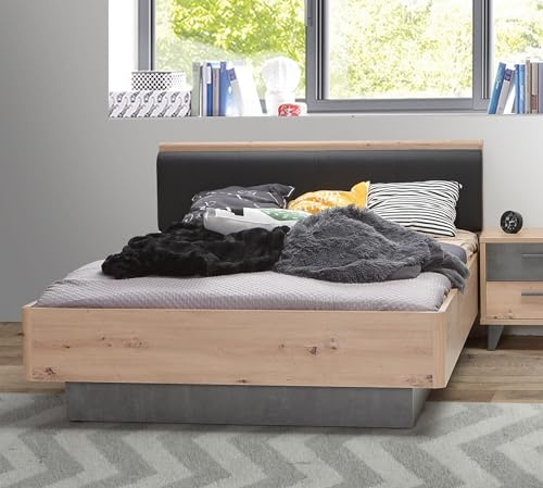 Forte Raven Bett 130, Liegefläche: 120 cm, Modernes Jugendbett, Einzelbett, Holzwerkstoff, Artisan Eiche Holzdekor/Betonoptik dunkelgrau, 130 cm breit x 88 cm hoch x 210 cm tief