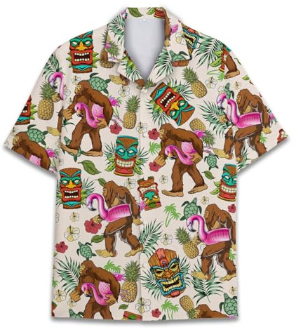 Tropical Bigfoot and Tiki Hawaiian Shirts Men Women Flamingo Summer Beach Aloha Short Sleeve Button Down