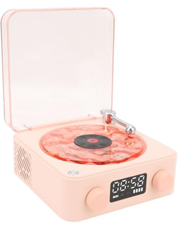 Haut-Parleur Bluetooth en Forme de Tourne-Disque Vintage, Son Stéréo, Haut-Parleur sans Fil Portable à Quatre Modes avec Horloge et Lumière Ambiante pour Chambre à Coucher, (Rose)