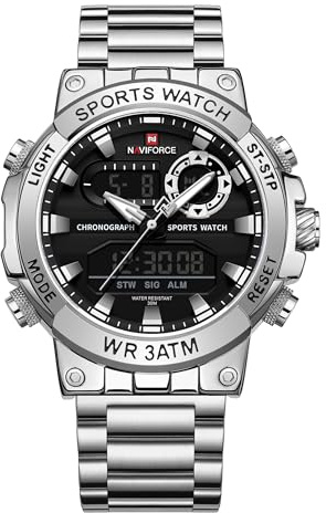 NAVIFORCE Orologio analogico al quarzo digitale da uomo, di lusso, in acciaio inox, impermeabile, alla moda, cronografo, militare, multifunzionale, Argento Nero