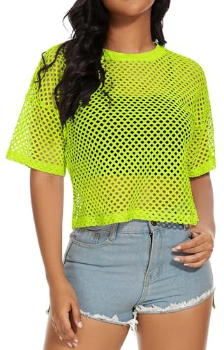florynova Womens Fishnet Mesh Tops Summer See Through T Shirt Short Sleeve Sheer Blouse(Neon Green,S)