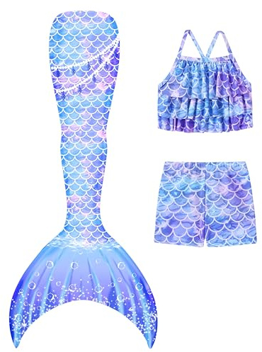 Mermaid Bathing Suit for Girls Ruffle Top with Boyshort Bikini Fish Tail Set Beach Rash Guard Swimwear Purple Size 7 6
