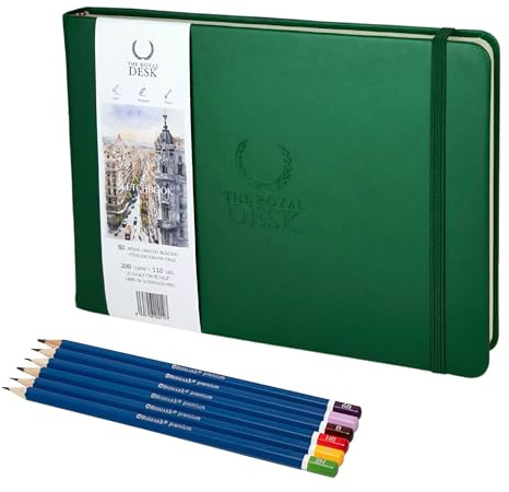 QE'MONO Libreta dibujo profesional incluye 6 lápices. Cuaderno para Dibujo y bocetos de tapa dura. Bloc de dibujo de 80 hojas libre de ácido y hojas gruesas color marfil 200 g/m² (Verde)