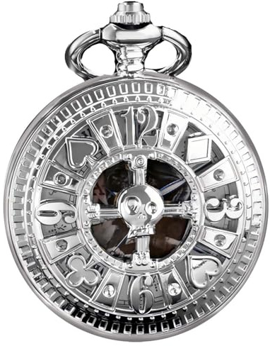 DerMacht Vintage Pocket Watch Skull Poker Pattern Antique with Chain Halloween Silver