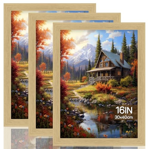 KENPOJO Lot de 3 Cadre Photo 30x40 cm en Bois, Cadre Frame Naturel MDF avec Verre Acrylique Incassable, Cadres Photo Montage Mural pour Photos, Images, Puzzles, Posters