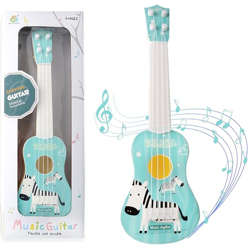 36cm Kids Ukulele Toy Guitar for Girls & Boys, Zebra Cartoon Toddler Guitar with 4 Adjustable Strings, Educational Musical Instrument Toy for Beginners Ages 3–7, (Green)