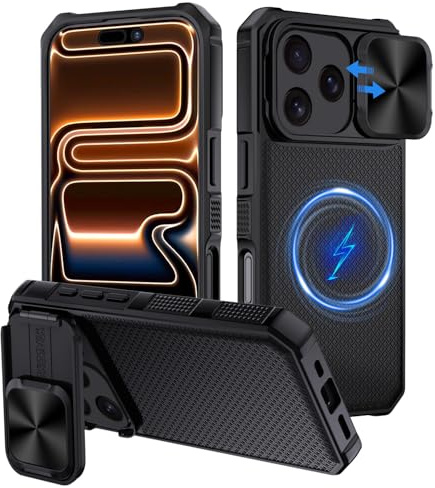 XTCASE Cover Magnetica per iPhone 17 Pro Max [Compatibile con Magsafe], Custodia Protezione Fotocamera Scorrevole Integrata con Supporto Regolabile Antiurto Antiscivolo Antigraffio, Nero