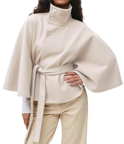 Poncho da donna con maniche a pipistrello, poncho da donna con maniche a pipistrello, in lana, con colletto rialzato e cintura, giacca corta