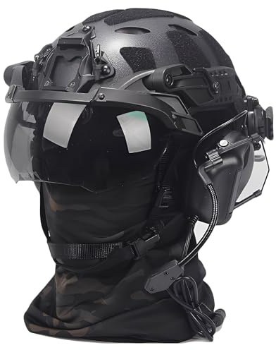 LZAQHMT Ensemble Casque Fast pour Adultes avec Casque Sécurité Tactique Visière Lunettes Relevable Cagoule pour Airsoft, Paintball Et Chasse Extérieur(Black)