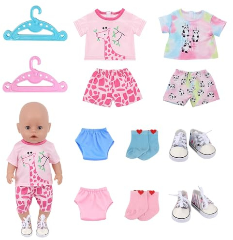 12 pezzi vestiti per bambole 43 cm abbigliamento estivo 2 paia di scarpe 2 pannolini 2 paia di calzini 2 grucce morbide e delicate sulla pelle con colori vivaci panda e giraffa
