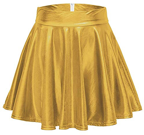 Odosalii Gonna elasticizzata da donna, informale, mini campane, a vita alta, in metallo, a pieghe, dorata. Chiusura lampo., M
