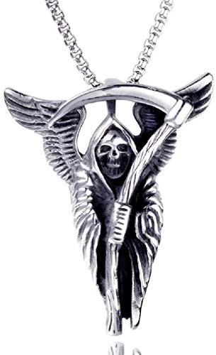Collana con teschio per uomo, collana con ciondolo teschio gotico Grim Reaper Sickles con catena da 23,6 pollici, collana con teschio con ali, collana con amuleto totem con testa di teschio retrò
