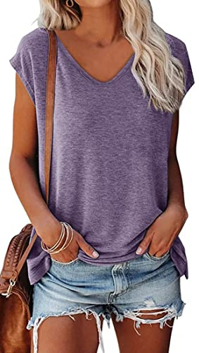 OLIPHEE Femmes Cap Sleeve T-Shirts À Manches Courtes Col en V Casual T-Shirts De Base D'été Lâches (Violet,M)