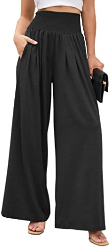 Famulily Ladies Comfy Stretch Yoga Sweatpants Trendy Smocked High Rise Wide Leg Athletic Lounge Pants Black L