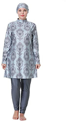 Muslim Burkini Baddräkt Plus Size Badkläder Islamiska Långärmade Heltäckande Hijab Top Badbyxor Set(8XL,S3)