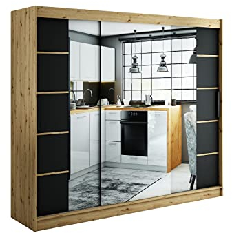 MINIO go for it - LETO Kleiderschrank mit Spiegel, 250 cm Breite, 2 Stangen und Einlegeböden, Garderobenschrank aus Laminierter Platte, Garderobe Schlafzimmer, Farbe Artisan Eiche und Schwarz Matt