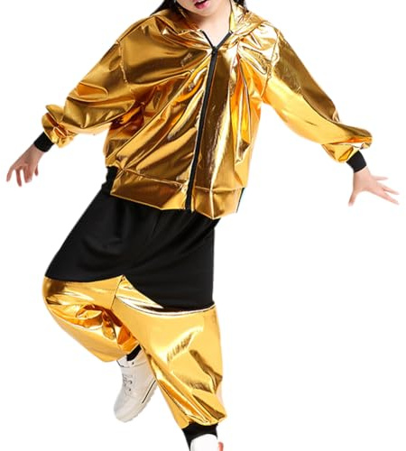 Liujiami Chicas Conjuntos de Disfraces Hip Hop Ropa de Baile Niños Lentejuelas Baile de Salón Moderno Ropa Jazz Top Pantalones 2 Piezas Trajes de Street Dance (Tallas Más Pequeñas)