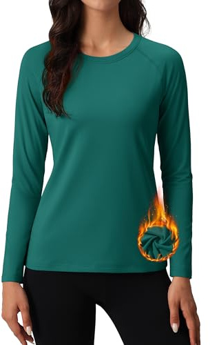 MAGCOMSEN Long Sleeve Pullover Shirts for Women Fleece Lined Thermal Tops for Running Sports Winter Base Layer Green