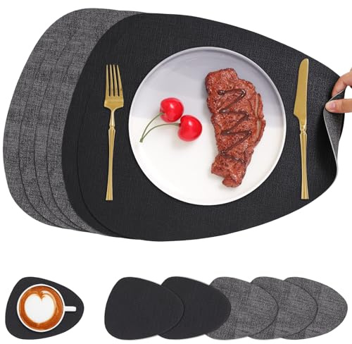 Chitomars Placemats and Coasters Set of 6 Dual Sided Faux Leather Table Mat | Heat Resistant Washable Place Mats Non Slip Waterproof PU Leather Placemat for Dining Table Indoor Outdoor (Grey Black)