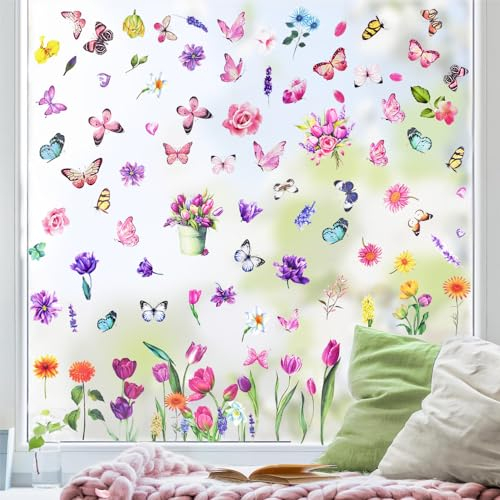 HEKOBAG 9 Blatt Fensteraufkleber Blumen Doppelseitige Fensterbilder Frühling Tulpen Selbstklebend Fenstersticker Schmetterlinge Frühlingsblumen Fensterbild Fenster Aufkleber Deko für Schlafzimmer