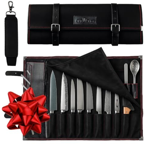 OuiChef Chef Knife Bag for 10 Knives & Utensils - Waxed Canvas & Vegan Leather - Travel Knife Case with Straps - Professional Chef Roll Bag