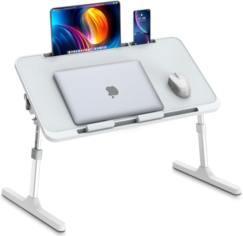 Zapuno Laptop sängskrivbord, justerbar höjd och vinkel, sängbricka för bärbar dator, sängstativ med surfplatta och telefonplats, lättvikt, hopfällbart, bärbart knäskrivbord för soffa, stol,