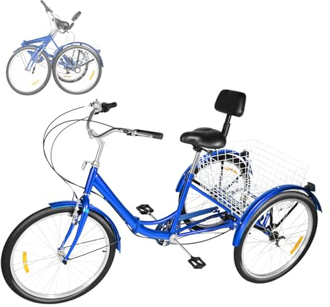 OUBUBY Tricycle 24 pouces pour adulte pliable 7 vitesses en acier au carbone avec panier à provisions et 3 roues Vélo pour adultes de 160 à 180 cm, max. 120 kg (bleu)