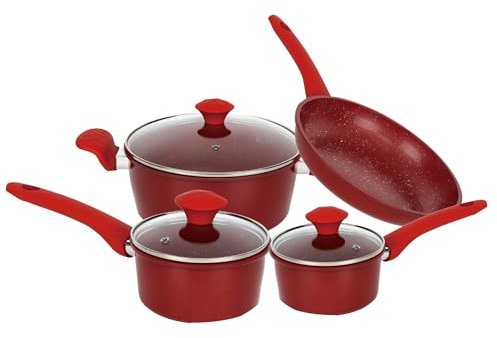 Comfy Nest,CN04722-RED, Set di pentole antiaderenti in marmo, manici ergonomici, facile da pulire, 7 pezzi, Rosso