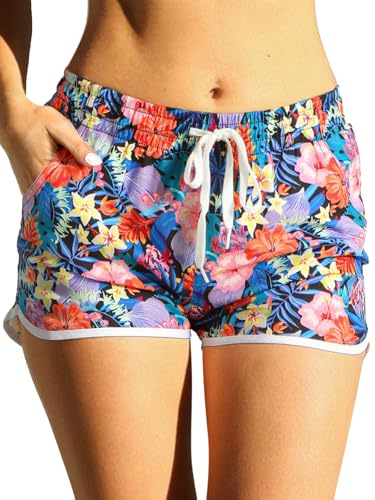 Borizhen Shorts de Bain Femme à Séchage Rapide Maillot de Bain Short Femme avec Poches à Cordon de Serrage Réglable à la Taille Short Sport pour Le Surf, la Natation et la Plage