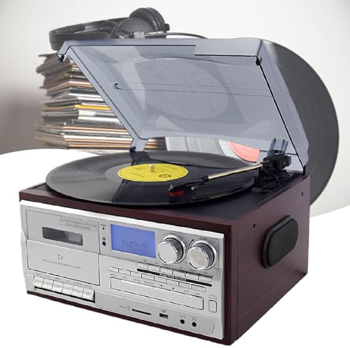 Skivspelare 3-Hastighets Bluetooth Vintage Skivspelare Cd/Kassett Vinylspelare Am/Fm-Radio, Skivspelare Med Externa HöGtalare,Silver-220V