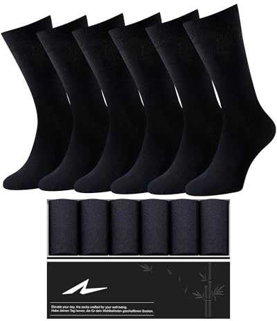 Niorasen 6 Pairs Bamboo Mens Socks, Comfortable Soft Top Crew Socks, Breathable Smart Classic Dress Sock with Gift Box for Everyday Business Casual black 9-12