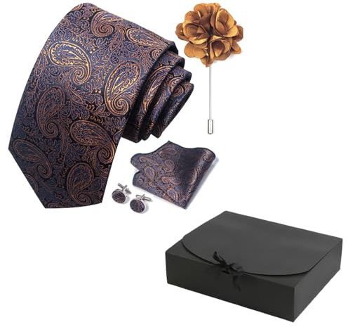 AYNKH 4PCS Set de Serviettes Poche Homme, Cravate à Motifs,Comprenant Cravate, Écharpe Carrée, Boutons de Manchette, Corsage, Accessoires Costume,Coffret Cadeau,Set de Mariage (purple gold stripes)