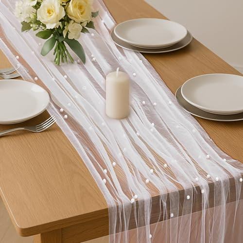 LIQWEI Tischläufer Tüll mit Perlen, 75 x 300cm Perlenspitze Tischdecke Weiß Spitzen Tüllstoff Netz Tischband Tischdekoration für Hochzeit Brautparty Geburtstagsfeier Hochzeitsbogen(Weiß)