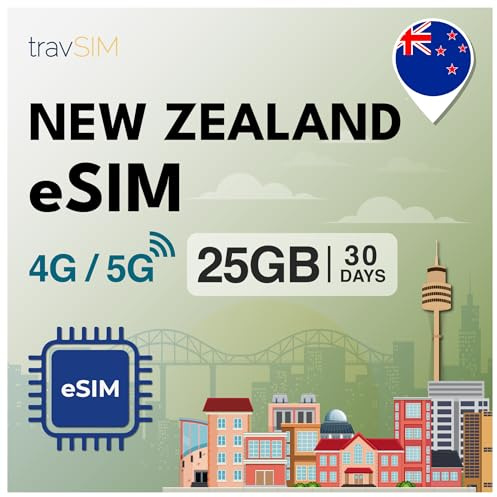 travSIM eSIM-kort för Nya Zeeland | 30 dagar – 25 GB SIM-data | 5G/4G höghastighetsdata | obegränsad internetåtkomst för Google, Facebook, Whatsapp, Instagram med mera