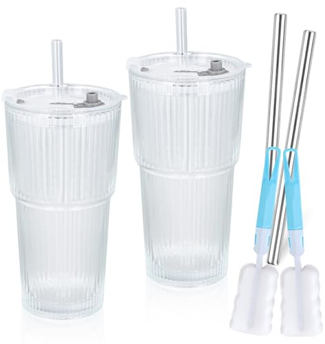 QINGZY 2 Piezas Vaso Cristal con Tapa y Pajita, 600 ML Vasos de Vidrio Acanalado, Bubble Tea Taza, Tazas de Café para Batidos Jugo Cóctel Refrescos Zumos Batidos, 4 Pajitas + 2 Cepillos de Limpieza