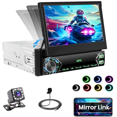 Roinvou Autoradio 1 DIN Bluetooth Auto Radio con Mirror Link, 7 Pulgadas Pantalla Retráctil Radio de Coche con Bluetooth Manos Libres/SWC/FM/USB/AUX/Tipo-C Cámara Trasera