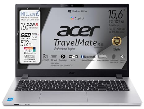 acer Notebook Core i5-1334u, 10Core, Display FHD IPS 15,6, Ram 16Gb DDR5, SSD 512Gb, Wi-Fi6e, BT, 4 Usb di cui 2 type-C Thunderbolt, tastiera retroilluminata, fingerprint, Win 11Pro, Ready to use