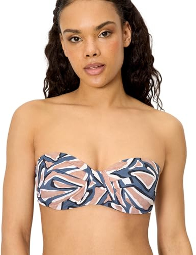 YSABEL MORA. Top Bikini Bandeau Estampado Copas C y D. con Aro Y Relleno. Tirantes Desmontables Anudados Al Cuello. Colección Beach.