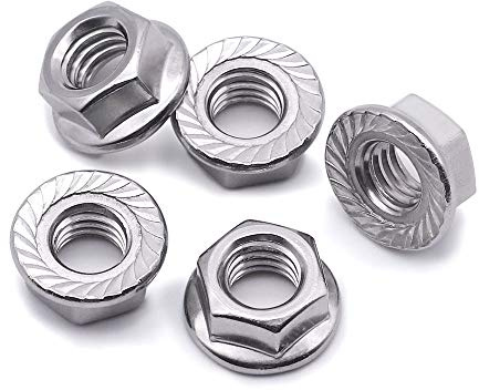M5-0.8 (100 pcs) Serrated Flange Hex Nuts, Hexagon Flange Nuts 304 Stainless Steel 18-8, Bright Finish, Full Thread, DIN6923