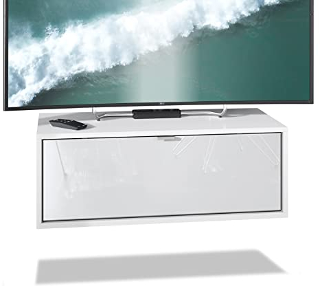 Vladon TV Board Lana 80 Hängeschrank Lowboard 80 x 29 x 37 cm, Made in Germany, Korpus in Weiß matt, Fronten in Weiß Hochglanz | Große Farbauswahl