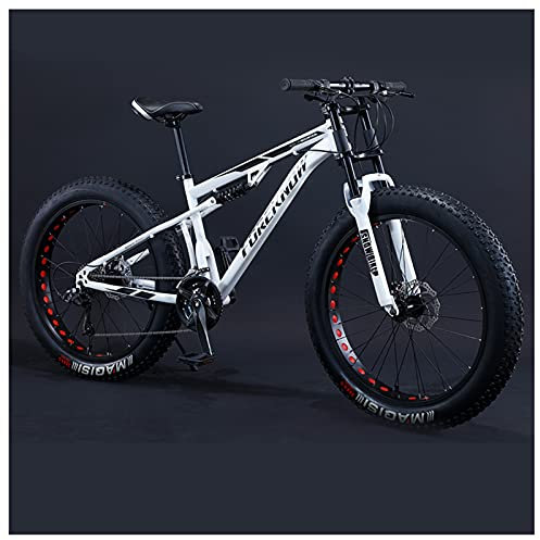 NENGGE Fat Bike 26 VTT à Suspension Complète avec Gros Pneus, 26 Pouces Vélo VTT Tout Suspendu pour Adulte Homme et Femme, 7/21/24/27/30 Vitesses Vélo de Montagne,White Spoke,27 Speed
