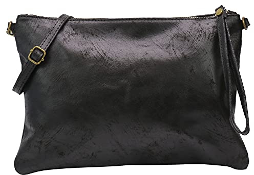 SH Leder Echtleder Umhängetasche Clutch im vintage look mittelgross Tasche Abendtasche 33x22cm Clara G396 (Schwarz)