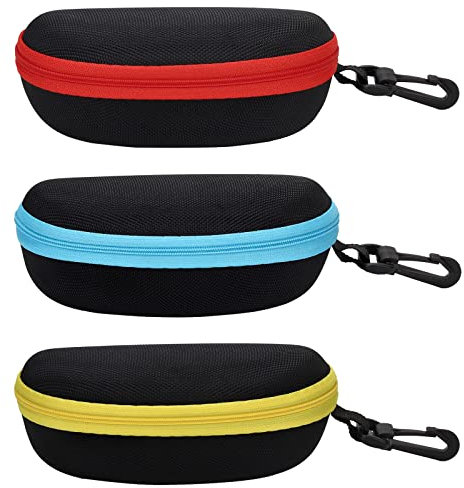 molshine 3 Pieces Portable Hard Shell Sunglasses Case, Zipper Eyewear Eyeglasses Case with Hook for Women Men Travel Sports (Red&Yellow&Light Blue)